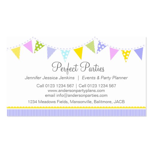 Bunting party event planning purple business cards