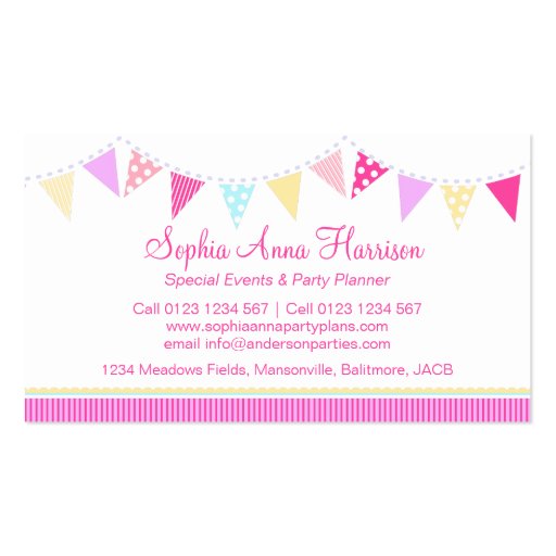 Bunting party events planning business cards (front side)