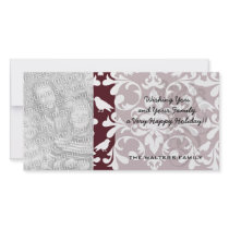 burgandy and white bird damask ornate pattern photo greeting card