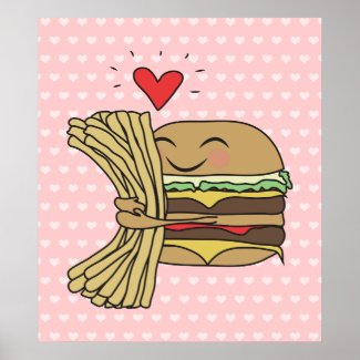 Cute cartoon of love hug cuddle - Burger hugging french Fries food poster Print