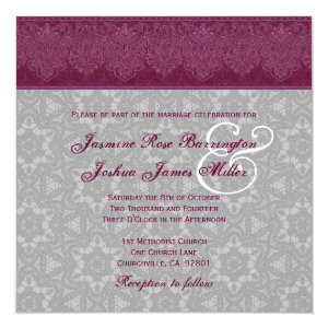 Burgundy and Gray Damask Monogram Wedding V24 5.25x5.25 Square Paper Invitation Card