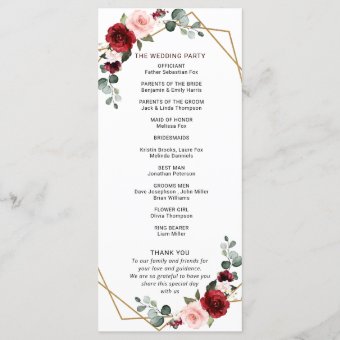 Burgundy Blush Floral Modern Geometric Wedding Program Zazzle