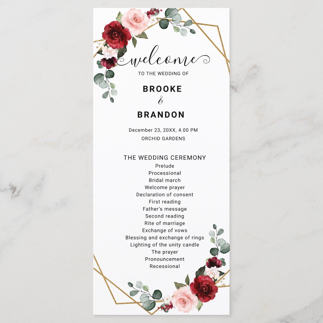 Burgundy Blush Floral Modern Geometric Wedding Program Zazzle