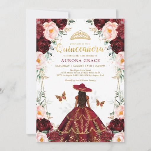 Burgundy Blush Quincea Era Charro Dress Mis Quince Invitation Zazzle