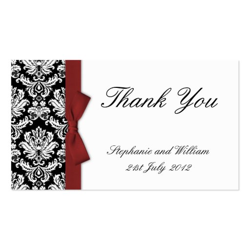 Burgundy Bow Damask Thank You Cards Business Card Template (front side)