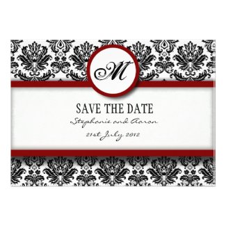 Burgundy Damask Monogram Save The Date Card Invites