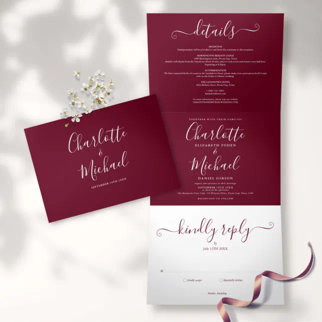 Burgundy Elegant Script Monogram Wedding Tri Fold Invitation Zazzle