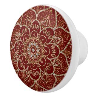 Burgundy, Faux Glitter And Gold Floral Mandala Ceramic Knob