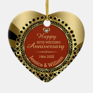 Burgundy & Gold 50th Wedding Anniversary Double-Sided Heart Ceramic Christmas Ornament