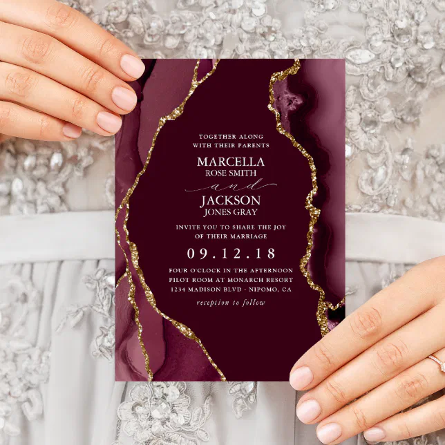 Burgundy Gold Agate Wedding Invitation Zazzle