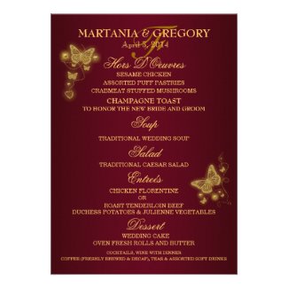 Burgundy gold butterfly wedding menu personalized invites