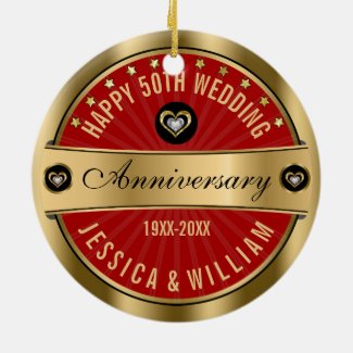 Burgundy & Gold Hearts 50th Wedding Anniversary Double-Sided Ceramic Round Christmas Ornament