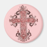 Burgundy Pink Cross Vintage Art Round Magnet!