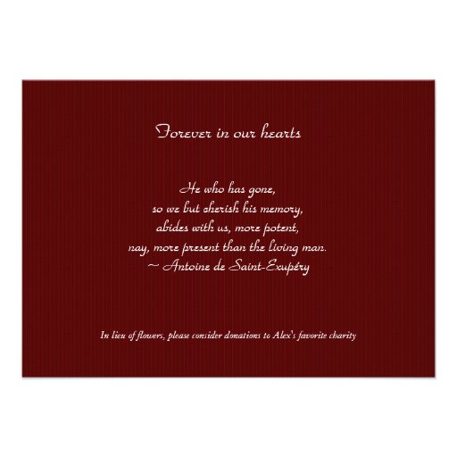 Burgundy Pinstripe Banner Memorial Notice Custom Invite