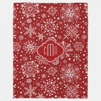Burgundy Red & White Christmas Snowflakes Fleece Blanket