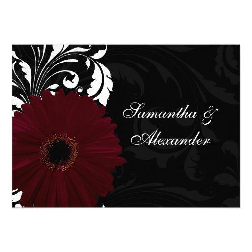 Burgundy Scroll Gerbera Daisy w/Black and White Personalized Invitation