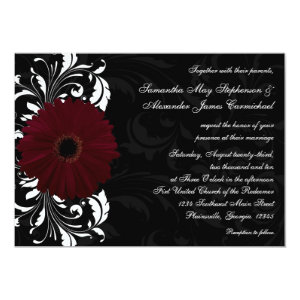 Burgundy Scroll Gerbera Daisy w/Black and White 5x7 Paper Invitation Card