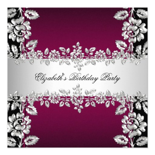 Burgundy Silver Floral Black Birthday Party Personalized Invite