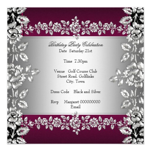 Burgundy Silver Floral Black Birthday Party Personalized Invite