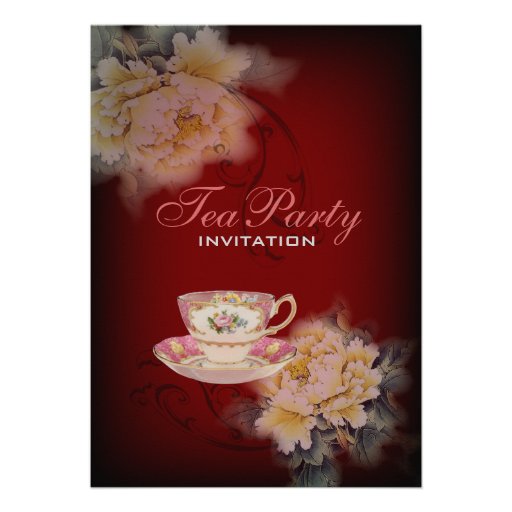 burgundy vintage peony floral Wedding tea party Invite