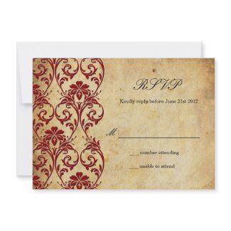 Burgundy Vintage Swirl Damask Wedding RSVP invitation