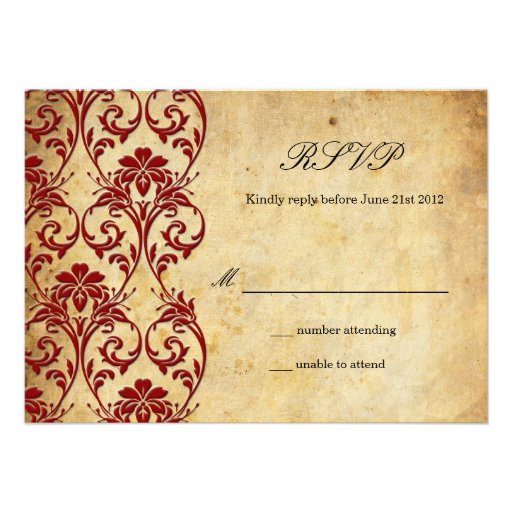 Burgundy Vintage Swirl Damask Wedding RSVP Personalized Invites