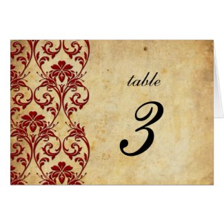 Burgundy Vintage Swirl Damask Wedding Table Number card