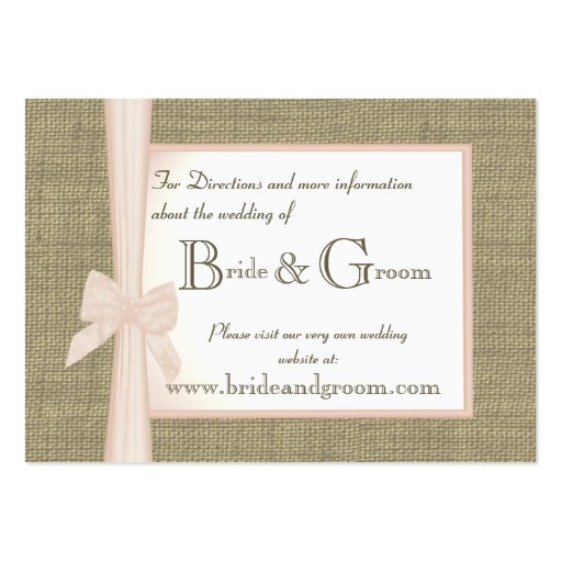 Burlap and Blush Bow Wedding Web Info Business Card (front side)