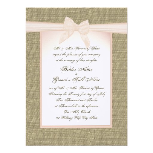 Burlap and Blush Pink Bow Rustic Wedding Personalized Announcements