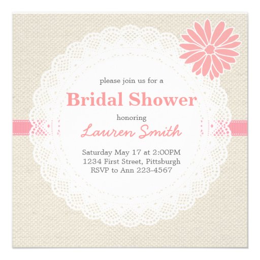 Burlap and Lace Bridal Shower Invite Coral Pink
