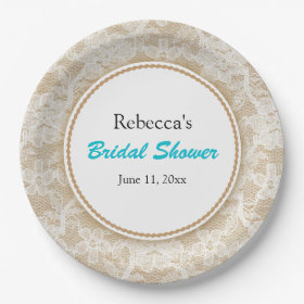 Burlap and Lace Personalized Bridal Shower 9 Inch Paper Plate