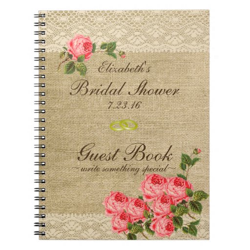 Burlap and Lace Print Bridal Shower Guest Book Notebook Zazzle