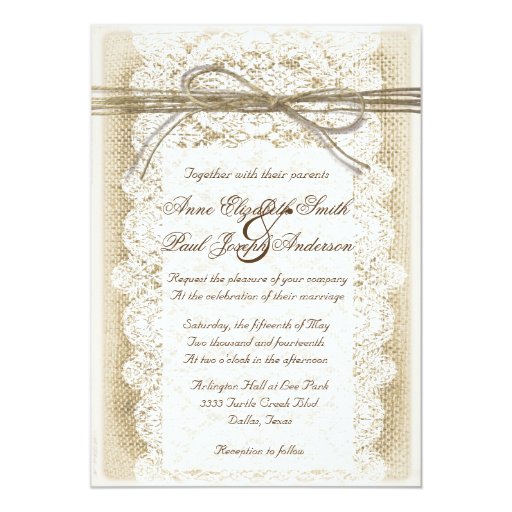 Burlap and Lace twine bow Wedding Invitation Invitation (front side)