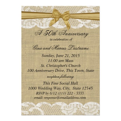 Burlap and Lace with Gold Bow 50th Anniversary Personalized Invites (front side)