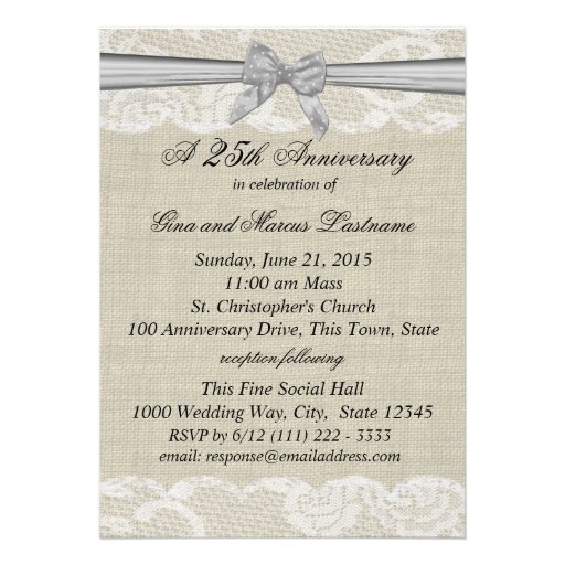 Burlap and Lace with Silver Bow 25th Anniversary Invitations