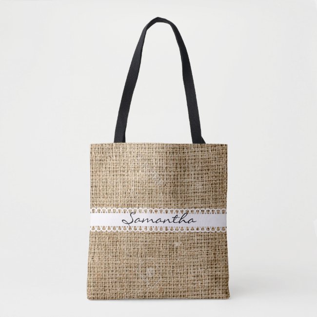 Burlap and Lacey Ribbon Design Tote Bag