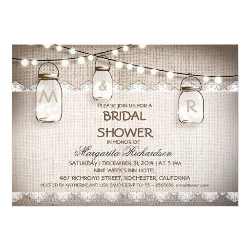 burlap and mason jars bridal shower invitations (front side)