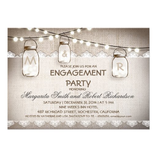 burlap and mason jars engagement party invitations (front side)