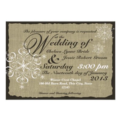 Burlap and Snowflakes Wedding  5 x 7 Custom Invitation