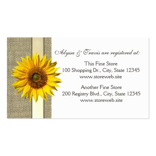 Burlap and sunflower Bridal Registry Card Business Cards (front side)