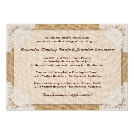 Burlap Antique White Lace Wedding Invitation