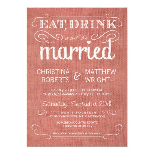 Burlap Apricot Rustic Wedding Invitations