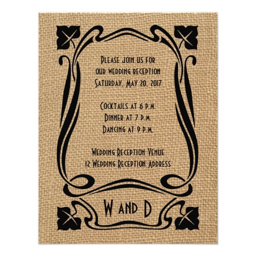 Burlap Black Art Deco Wedding Reception Cards