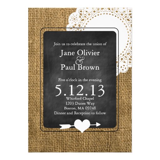 Burlap, chalkboard, and Doily Wedding Invitation (front side)