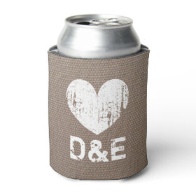 Burlap country chic wedding can coolers with heart can cooler