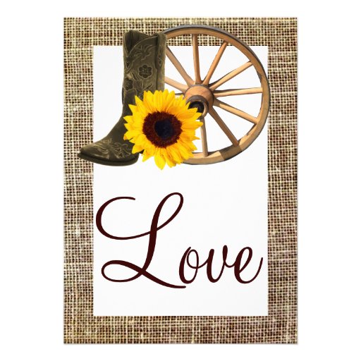 Burlap Cowboy Boots Wagon Wheel Sunflower Wedding Invitations