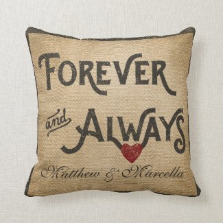 Burlap Forever Always Heart Personalized Pillow
