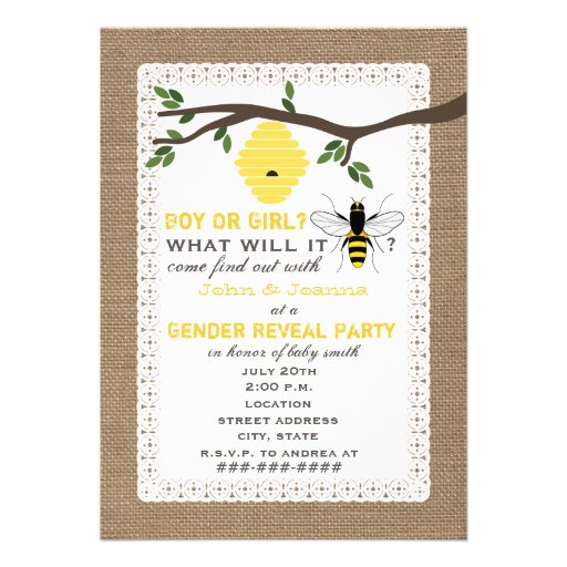 Burlap Inspired Bee Themed Gender Reveal Party Personalized Invite (front side)