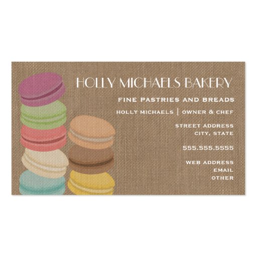 Burlap Inspired French Macarons Bakery Business Card Templates (front side)