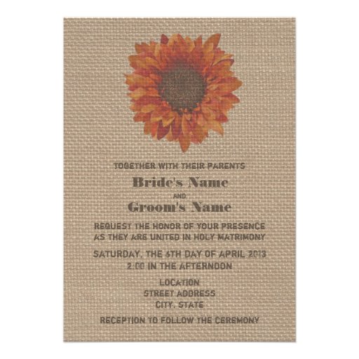Burlap Inspired Orange Sunflower Wedding Invite (front side)